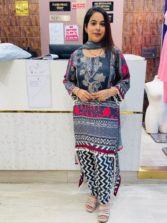 Elegant Blackish Blue & Red Printed Kurta Set with Zig-Zag Pants & Lace Detailing