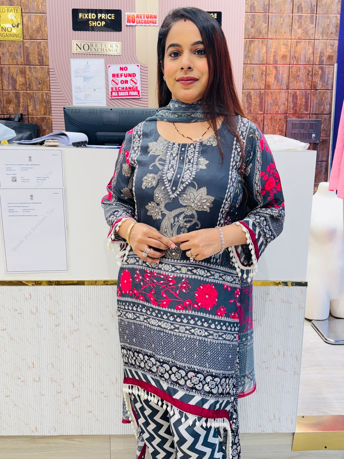 Elegant Blackish Blue & Red Printed Kurta Set with Zig-Zag Pants & Lace Detailing