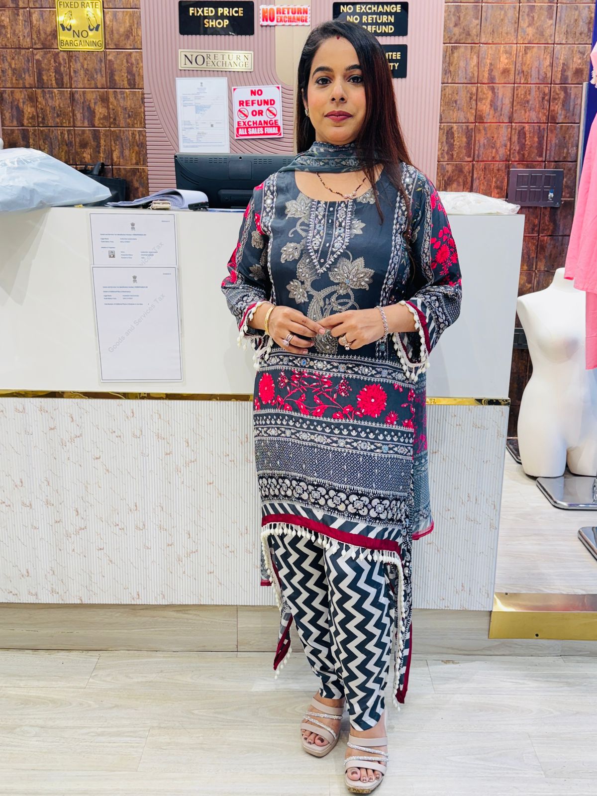 Elegant Blackish Blue & Red Printed Kurta Set with Zig-Zag Pants & Lace Detailing