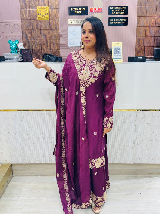 Royal Dark Purple Embroidered Sharara Set