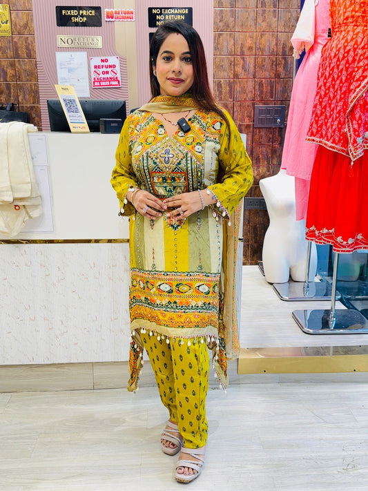 Mustard Yellow Multicolor Printed Kurta Set with Mirror Work & Tassel Detailing