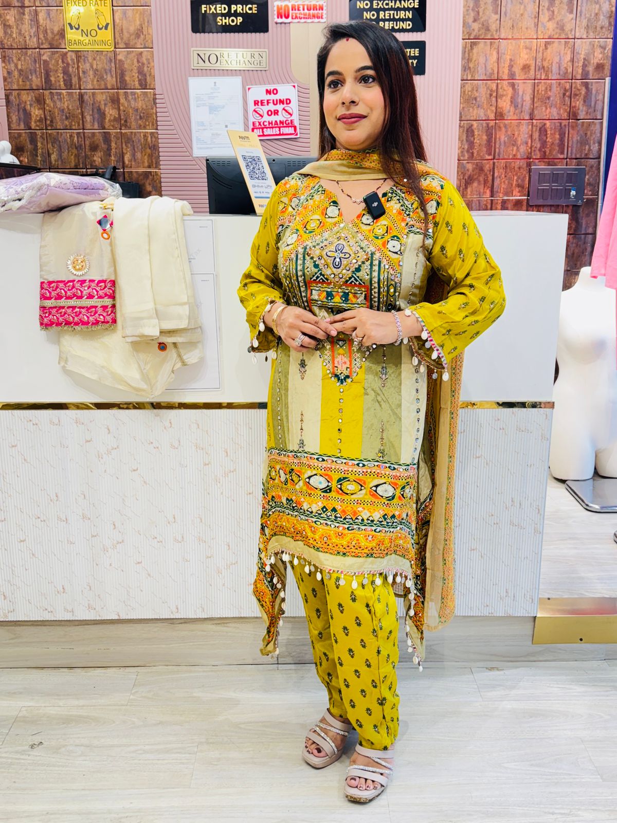 Mustard Yellow Multicolor Printed Kurta Set with Mirror Work & Tassel Detailing