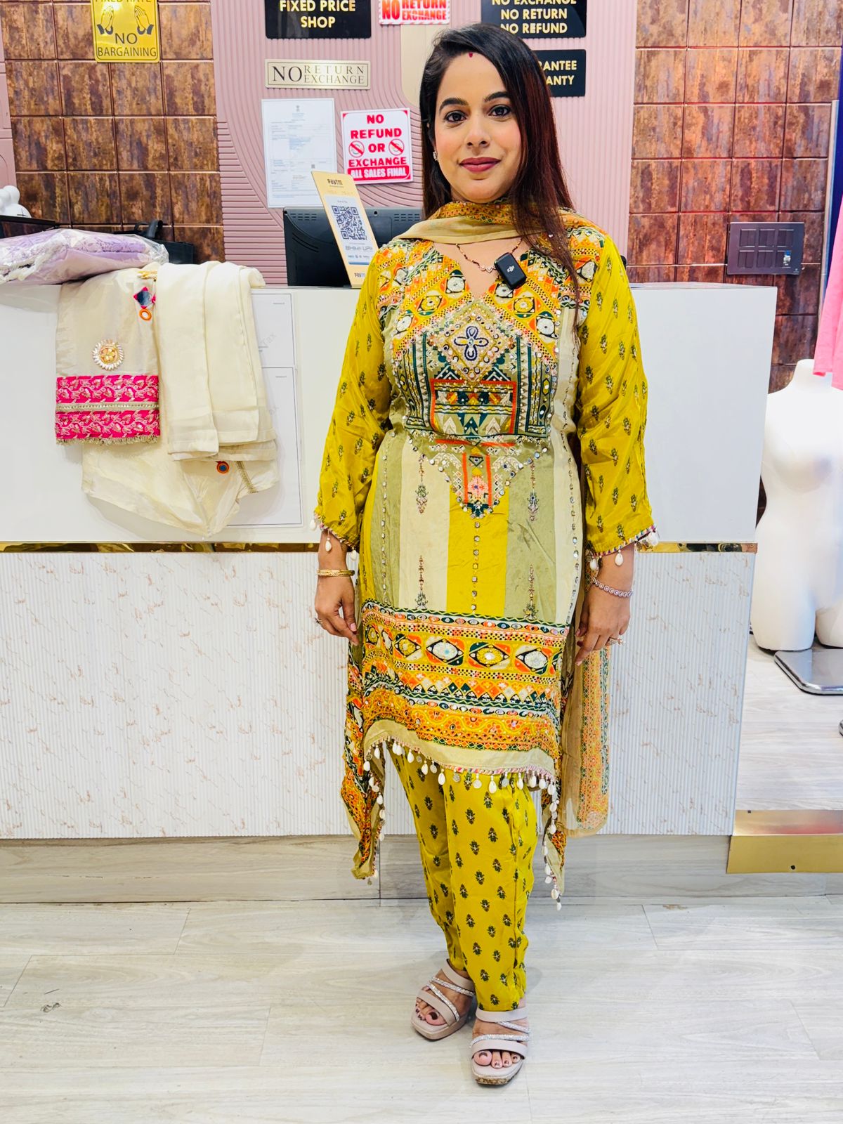 Mustard Yellow Multicolor Printed Kurta Set with Mirror Work & Tassel Detailing