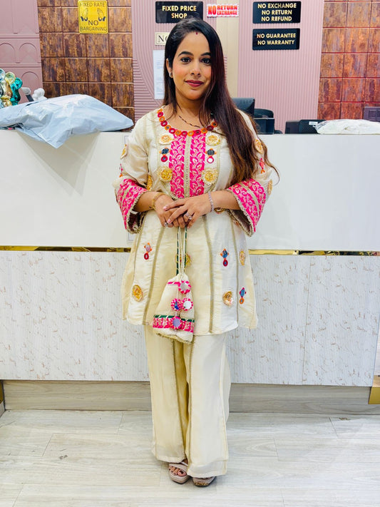 Ivory White Co-Ord Set with Pink Embroidery & Gota Lace Detailing with Potli Bag