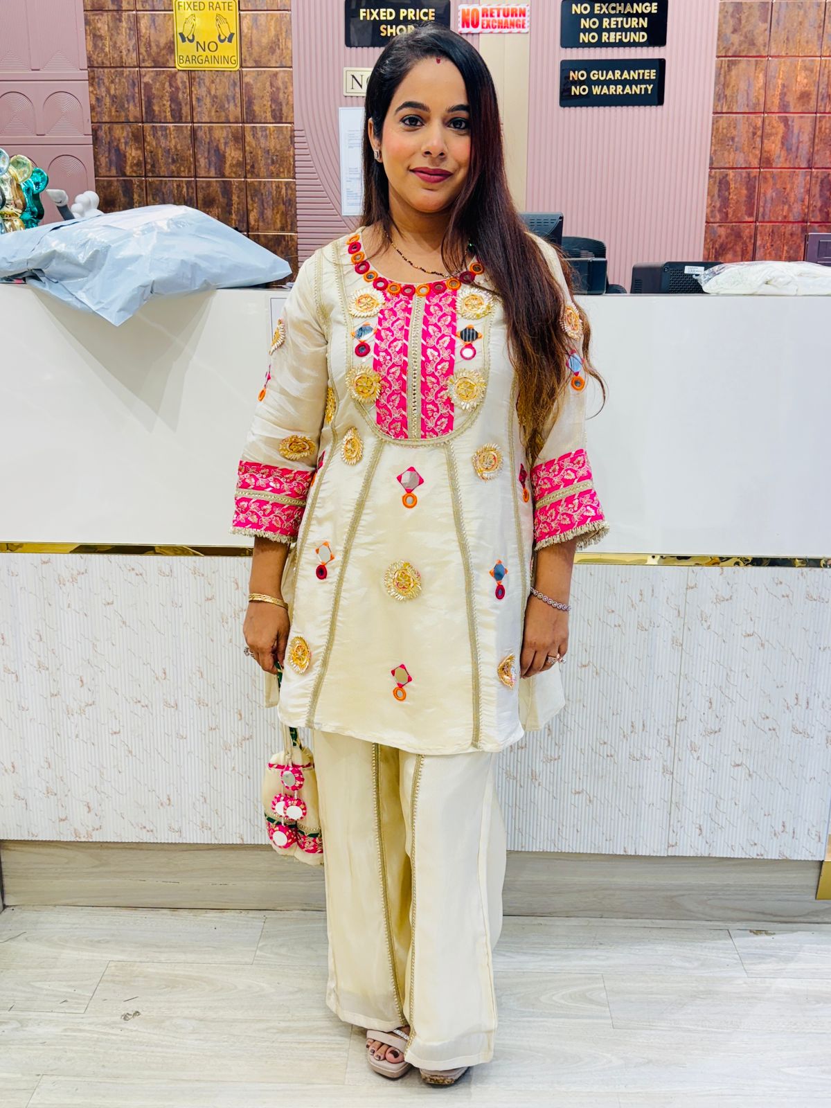 Ivory White Co-Ord Set with Pink Embroidery & Gota Lace Detailing with Potli Bag