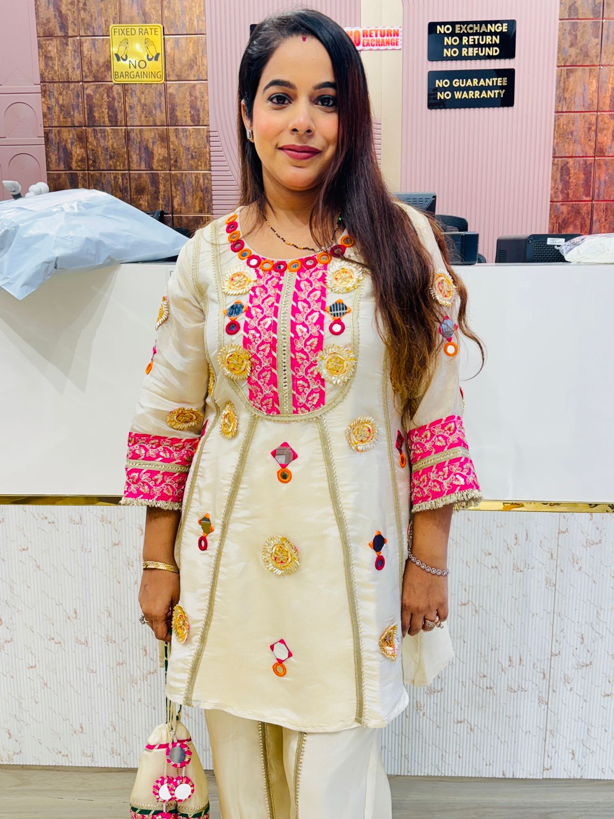 Ivory White Co-Ord Set with Pink Embroidery & Gota Lace Detailing with Potli Bag