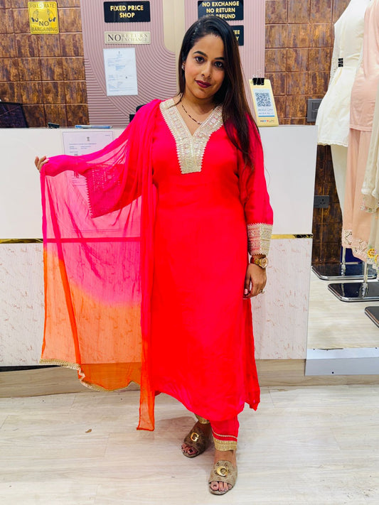 Hot Pink Stitched Suit Set with Mirror Neckline & Ombre Dupatta