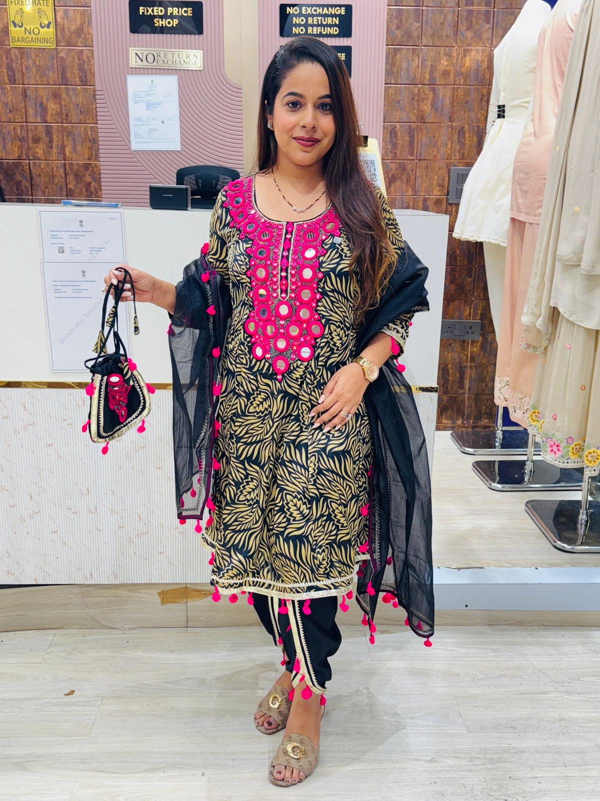 Black & Gold Printed Stitched Suit Set with Mirror Work and Pom-Pom Dupatta – Includes Matching Potli Bag