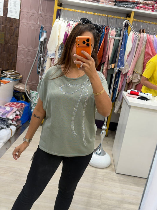 "Bow" - Statement Casual Top with Rhinestone Bow Design (Available in 4 Colours)