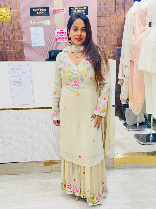 Elegant Cream Embroidered Stitched Suit with Sharara – Floral Handwork & Lace Detailing