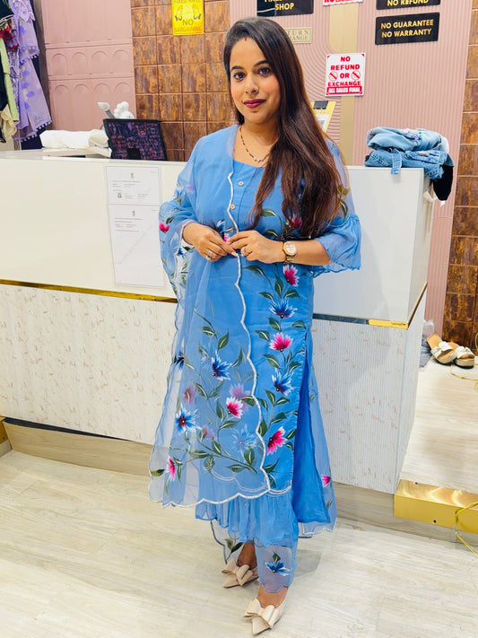 Floral Embroidered Blue Organza Stitched Suit Set