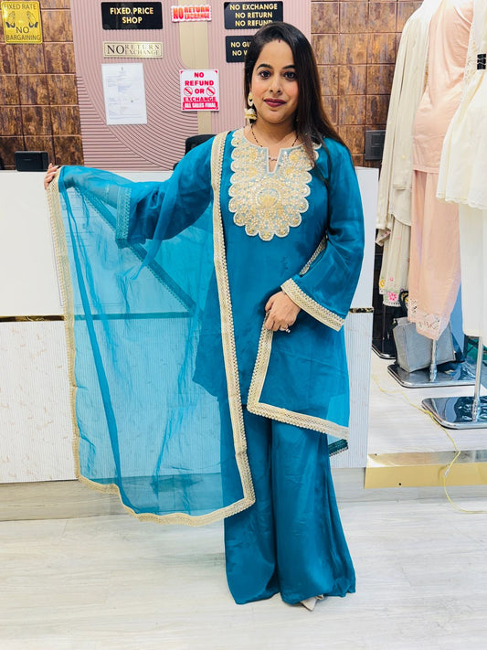 Teal Blue Stitched Suit Set with Golden Embroidered Neckline