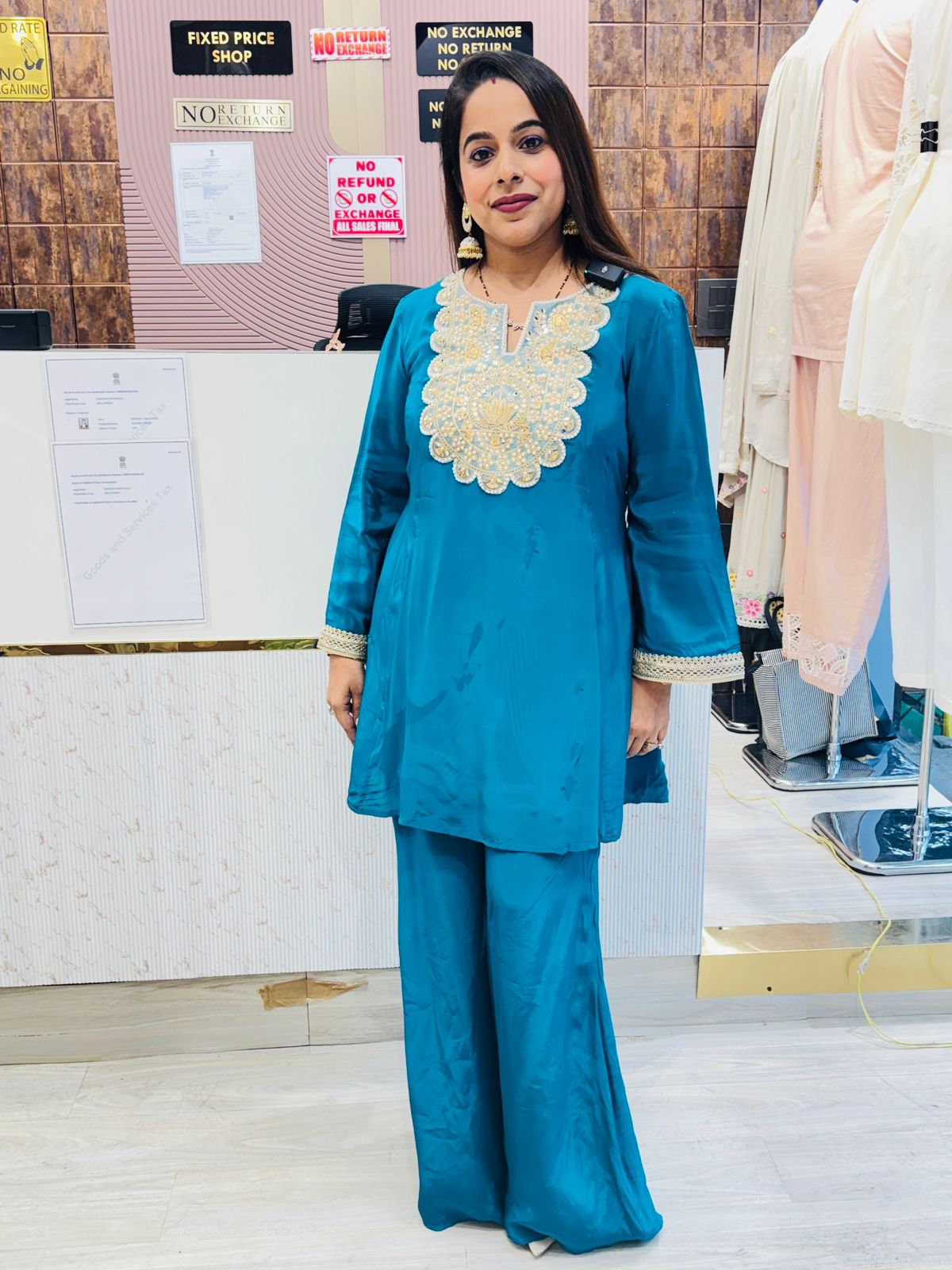 Teal Blue Stitched Suit Set with Golden Embroidered Neckline