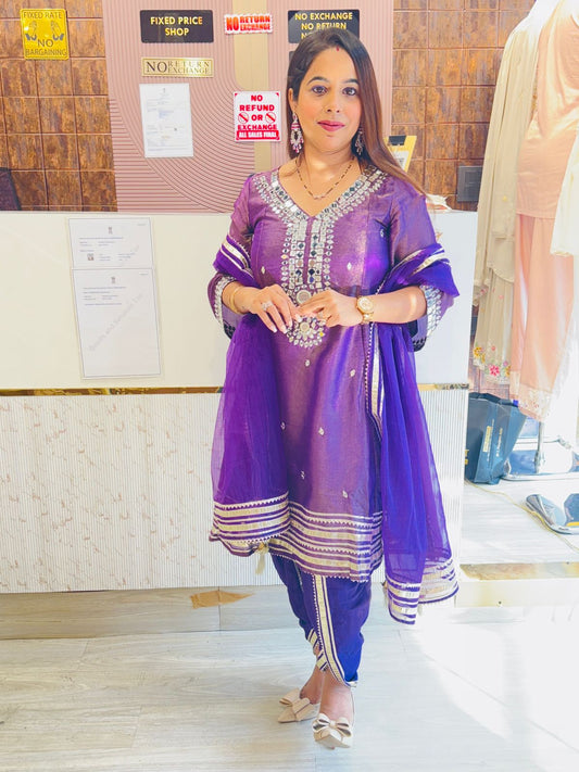 Purple Mirror Work Stitched Suit Set with Patiala Salwar