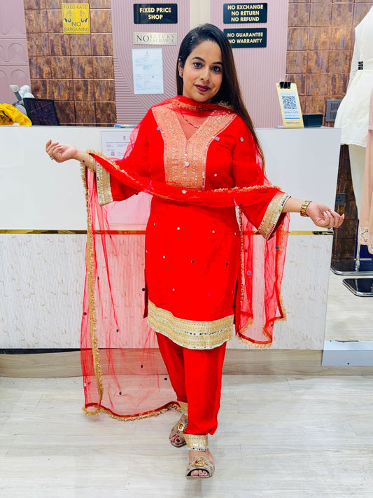 Red Mirror Work Stitched Suit with Net Dupatta