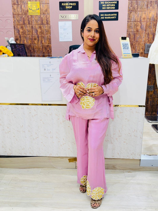 Blush Pink Co-ord Set with Yellow Floral Embroidery