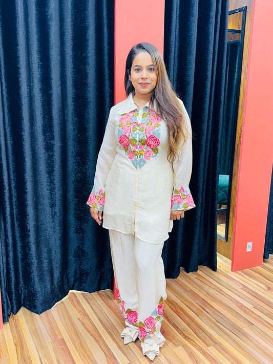 Ivory Floral Embroidered Coord Set for Women