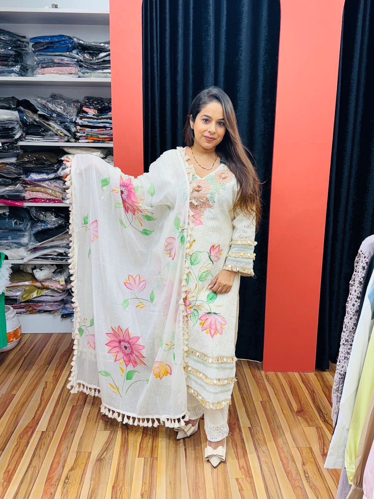 White Floral Hand-Painted Suit Set with Dupatta