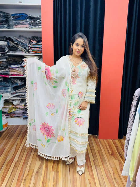 White Floral Hand-Painted Suit Set with Dupatta