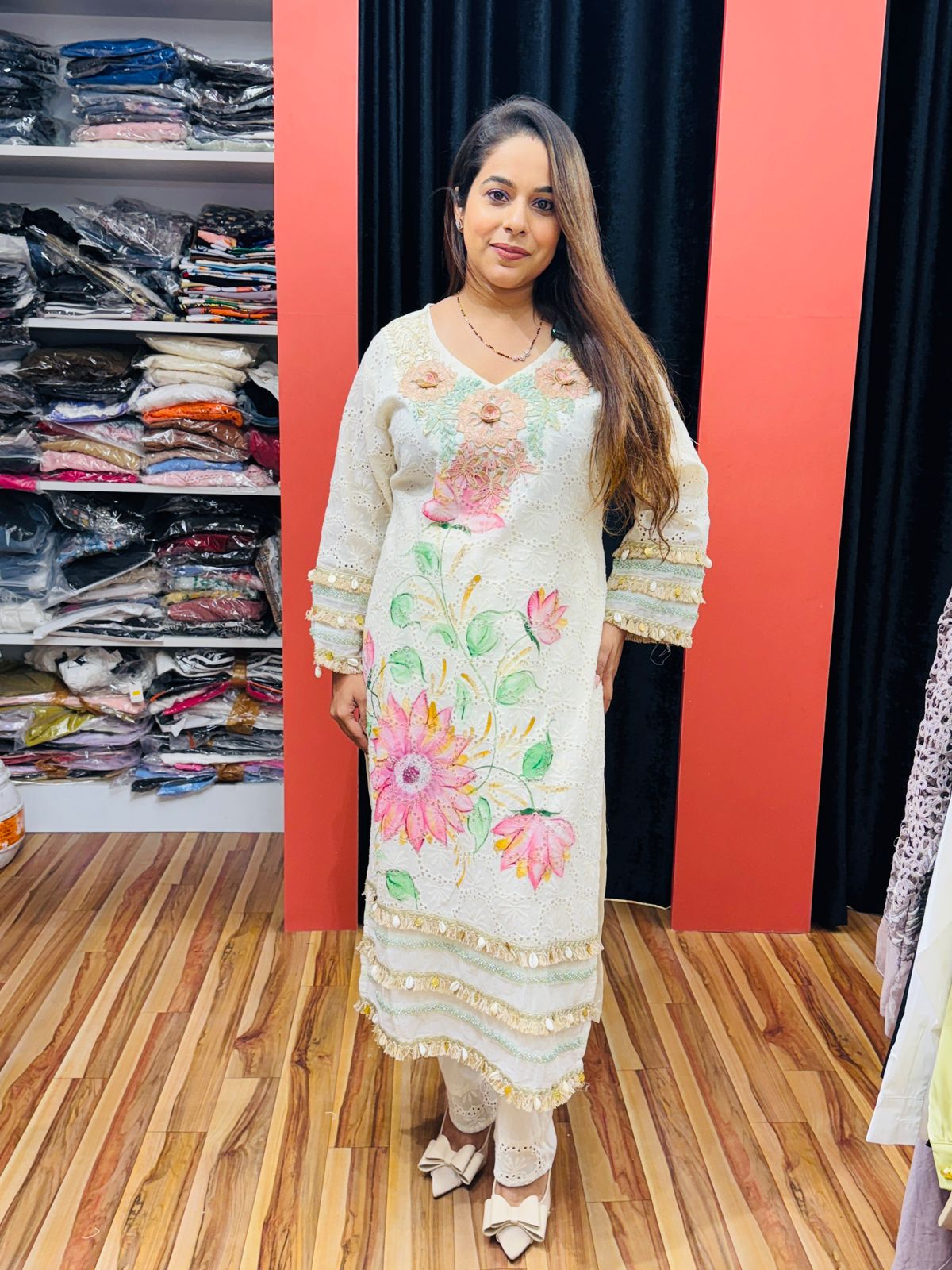 White Floral Hand-Painted Suit Set with Dupatta