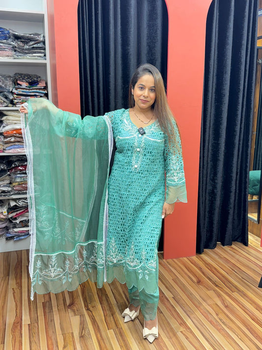 Teal Green Chikankari Embroidered Suit Set with Dupatta