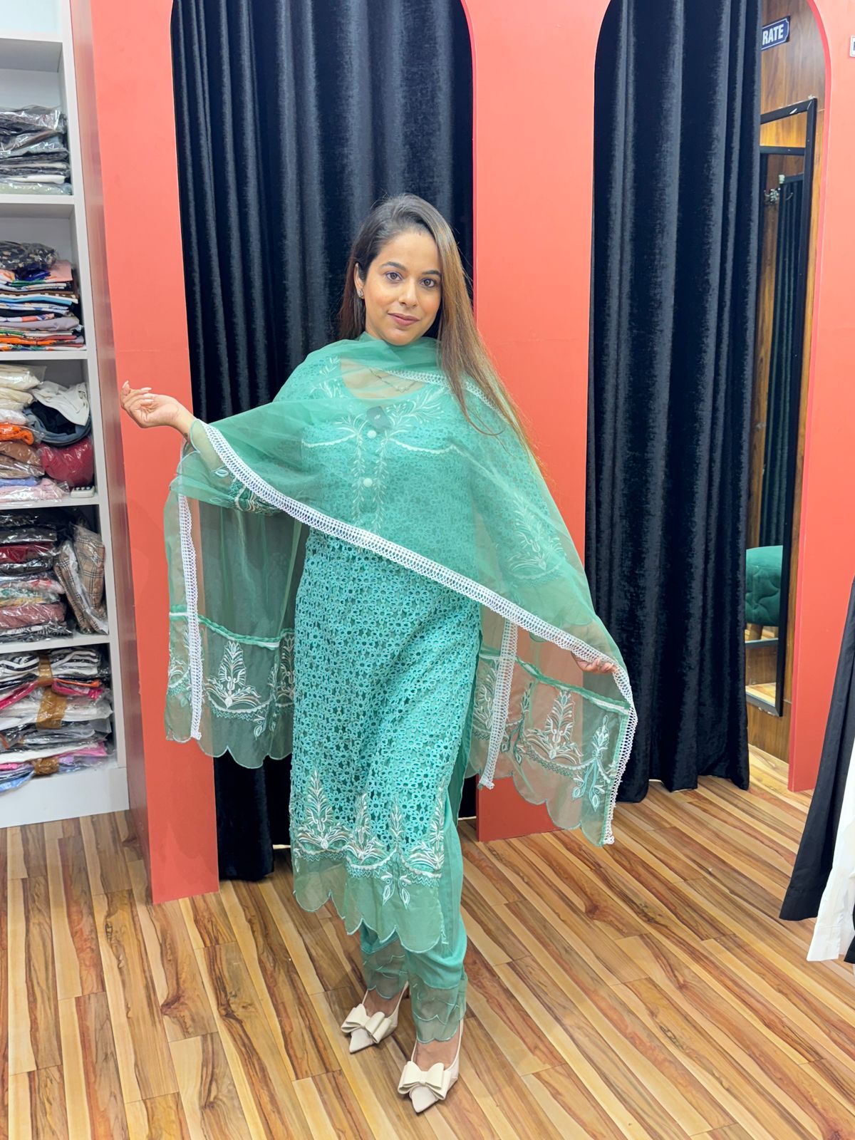 Teal Green Chikankari Embroidered Suit Set with Dupatta