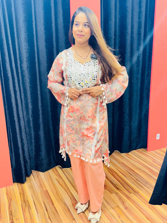 Peach Floral Kurta Set with Mirror Work & Tassel Detailing