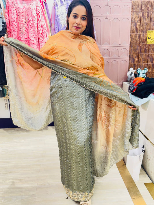 Elegant Olive Green Unstitched Suit Set with Embroidered Dupatta