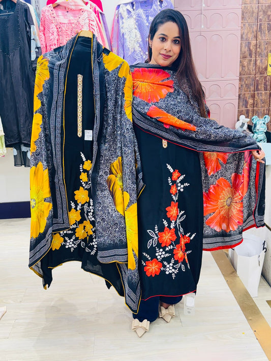 Black Unstitched Suit Set with Vibrant Floral Embroidery & Colorful Dupatta