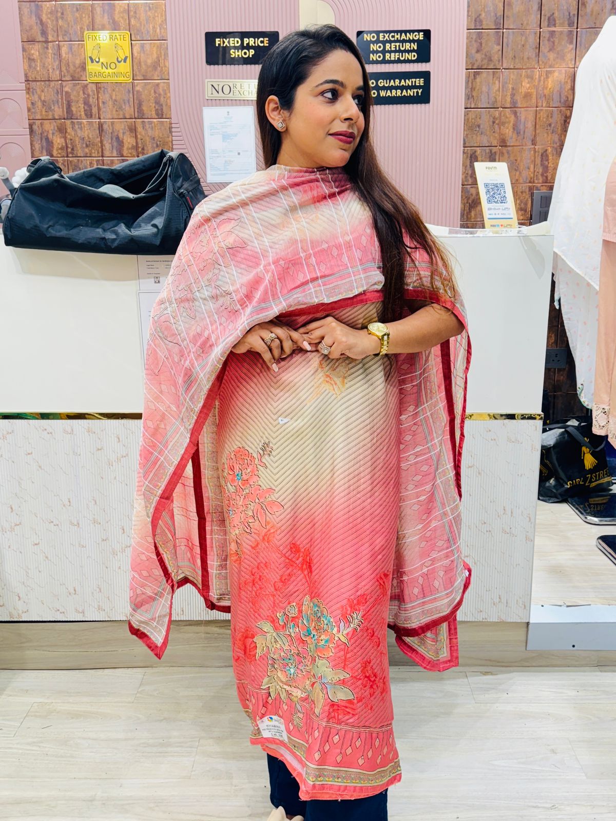 Pink, Blue & Mustard Unstitched Suit Set with Floral Prints