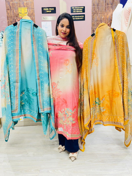 Pink, Blue & Mustard Unstitched Suit Set with Floral Prints