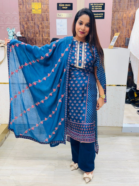 Blue Printed Unstitched Suit Set with Embellished Neckline