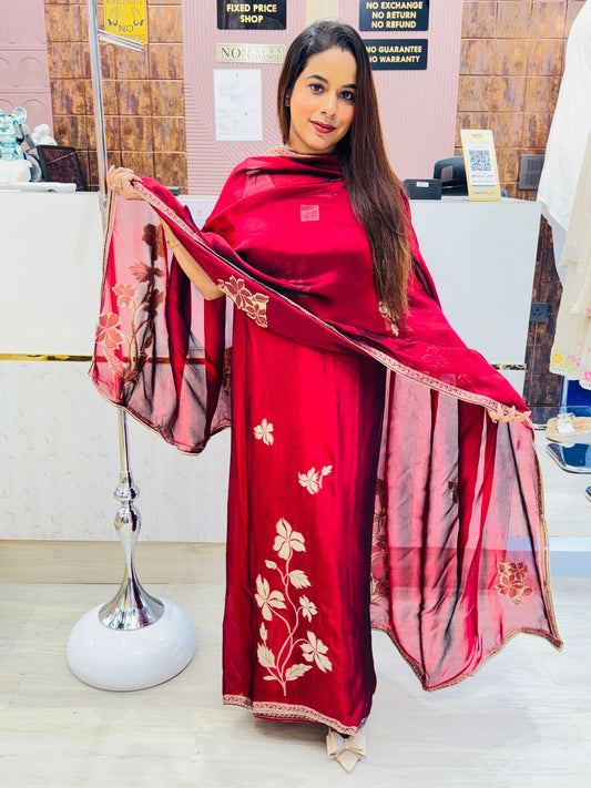 Red Floral Printed Unstitched Lawn Suit with Embroidered Dupatta