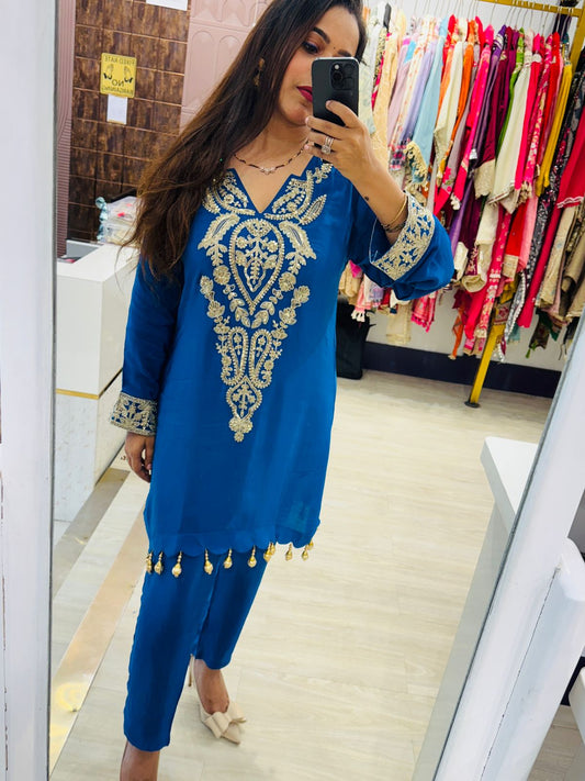 Bright Blue Two Piece Co-ord set With Golden Detailing