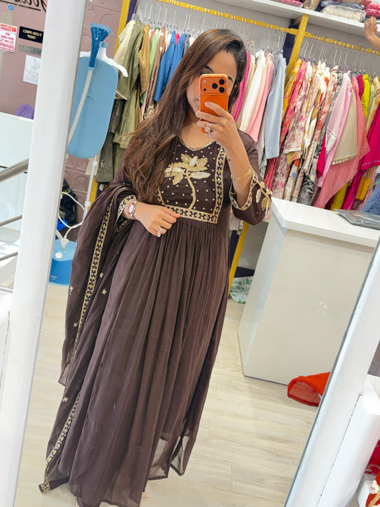 "Mohilya Blackish Brown" - Festive Cotton Suit Set with Gold Floral Embroidery