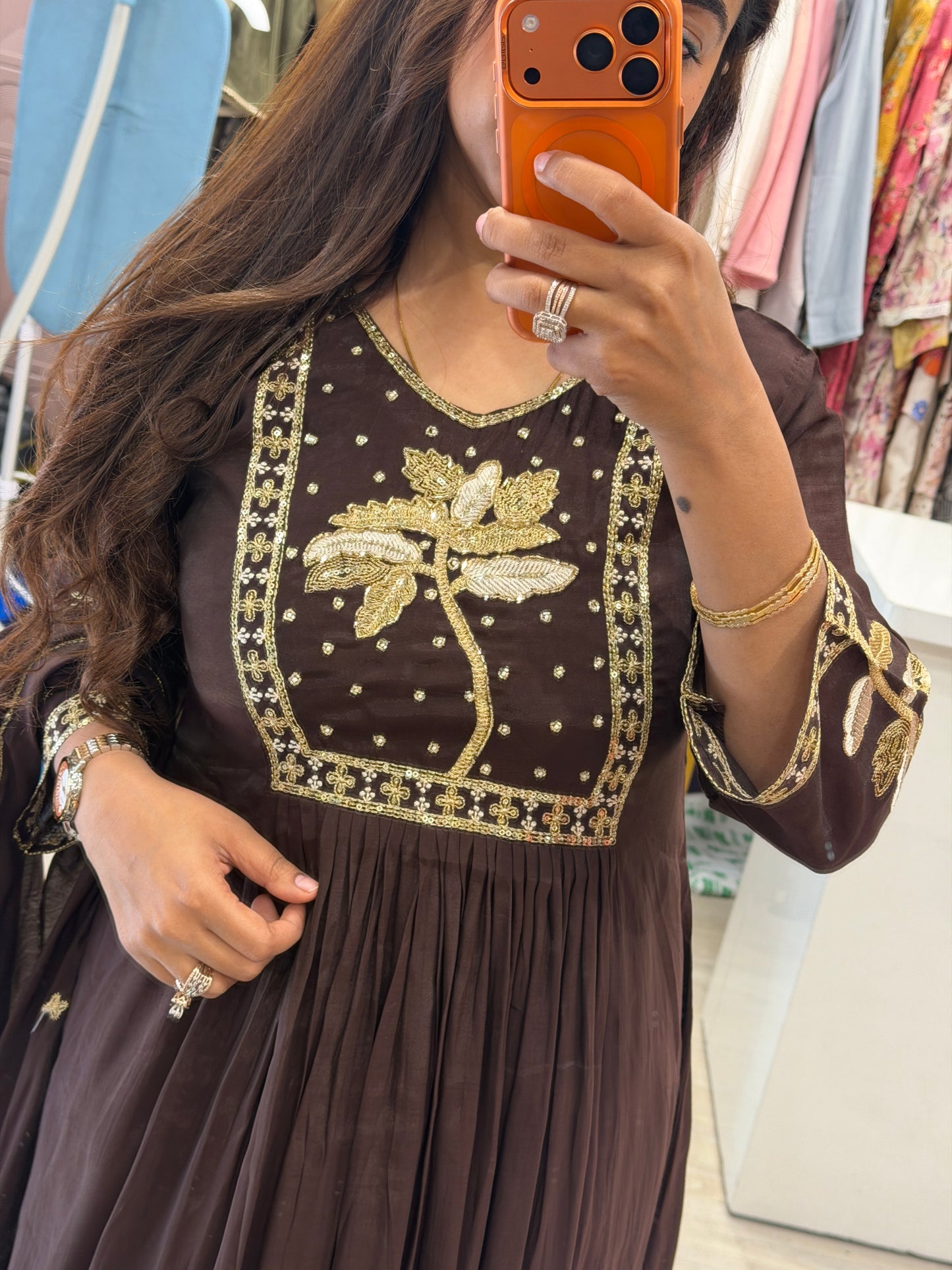 "Mohilya Blackish Brown" - Festive Cotton Suit Set with Gold Floral Embroidery