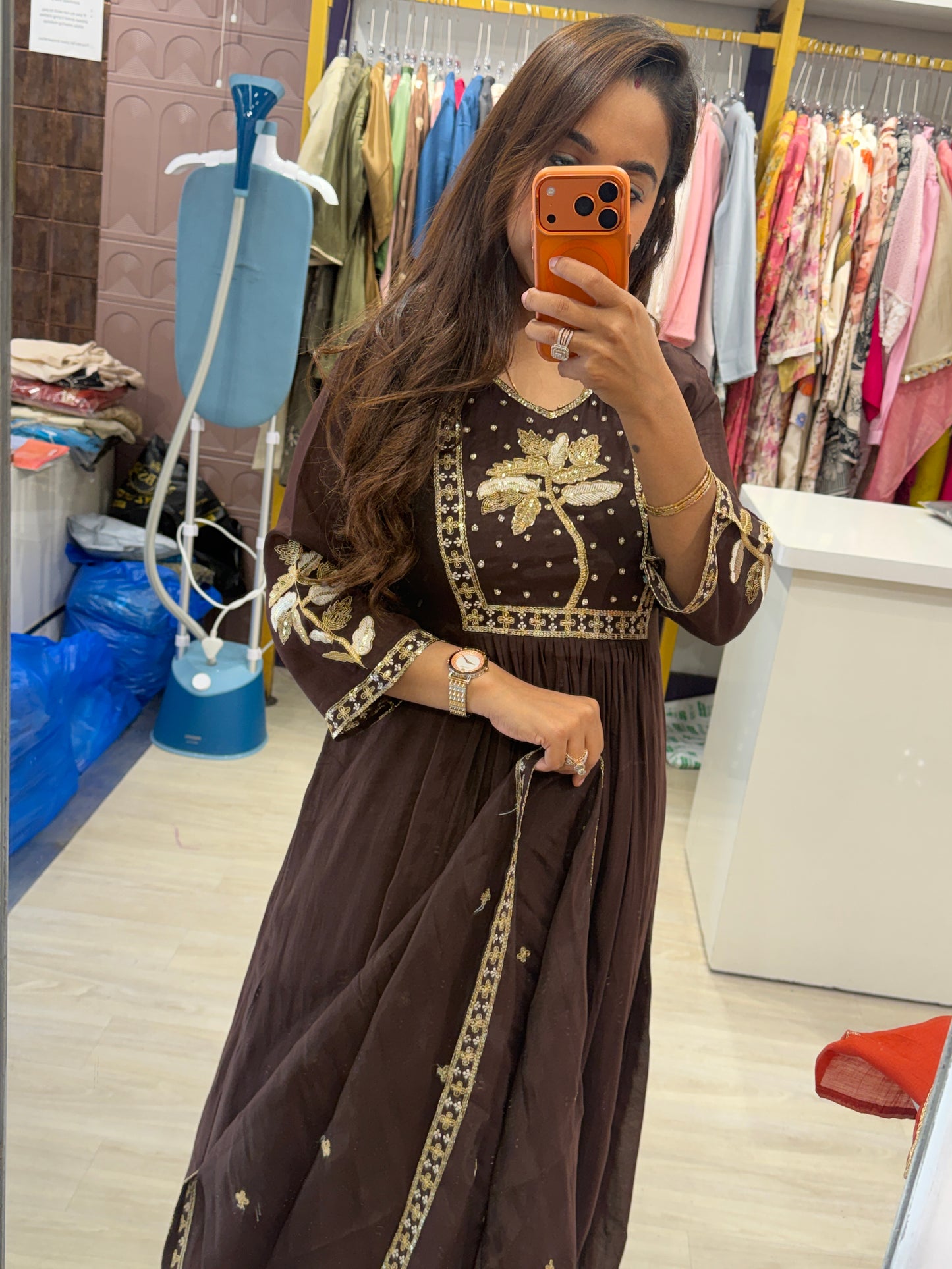 "Mohilya Blackish Brown" - Festive Cotton Suit Set with Gold Floral Embroidery