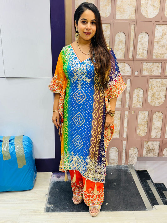 Multicolor Bandhani Print Kaftan Suit with Heavy Golden Embroidery