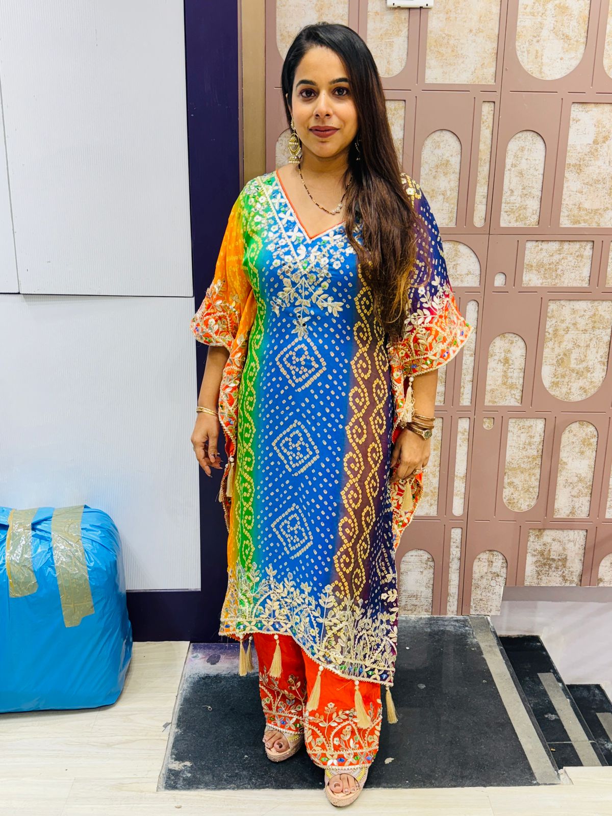 Multicolor Bandhani Print Kaftan Suit with Heavy Golden Embroidery