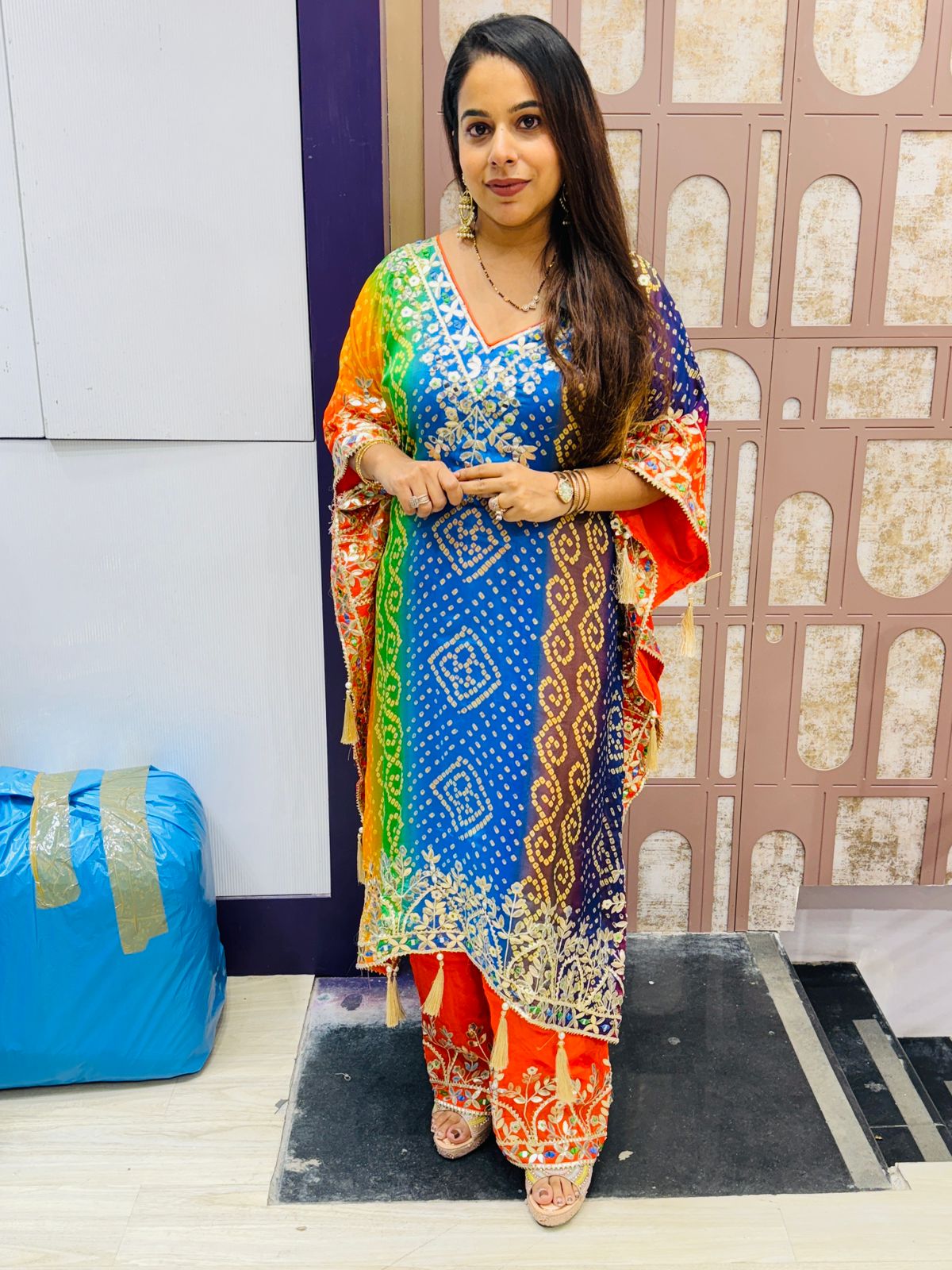 Multicolor Bandhani Print Kaftan Suit with Heavy Golden Embroidery
