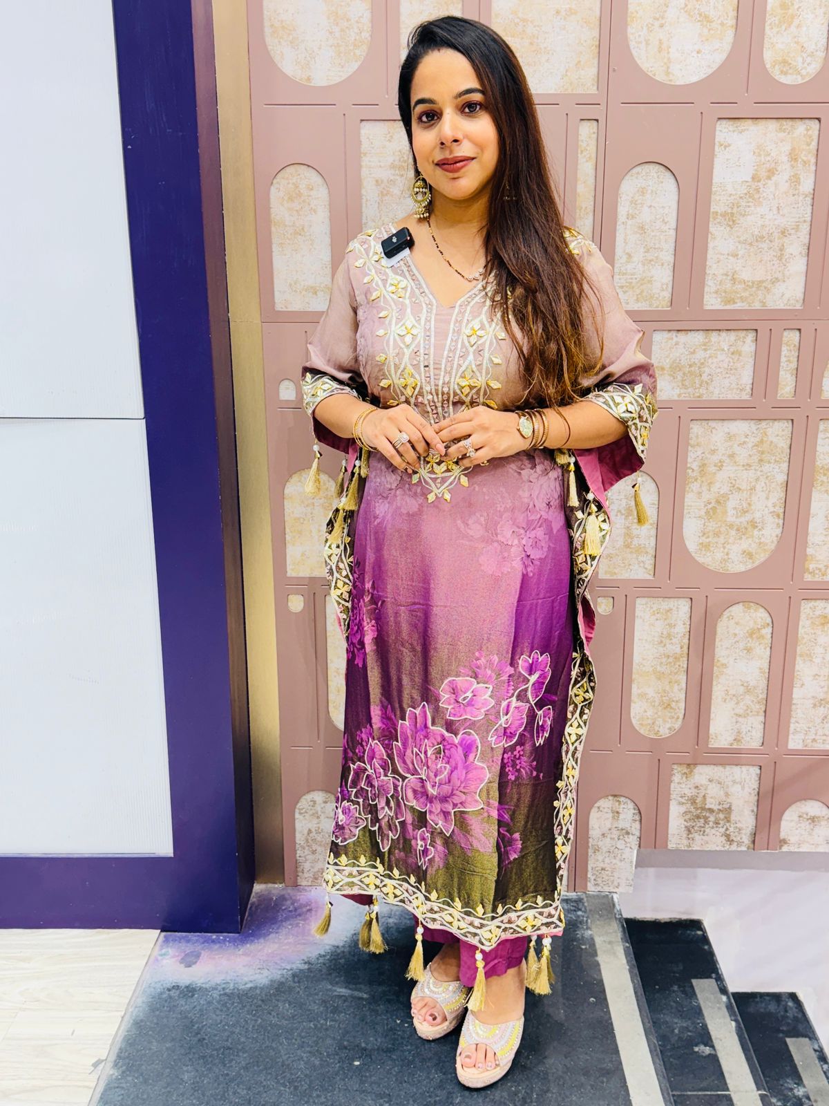Purple Ombre Floral Kaftan Suit with Mirror & Thread Embroidery