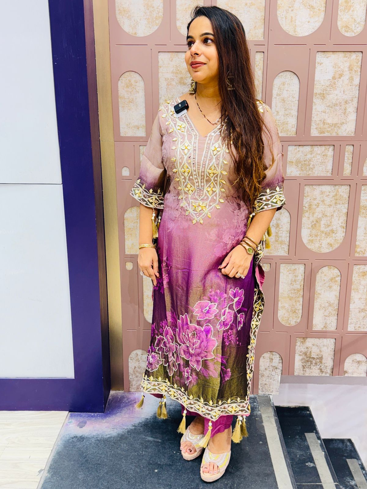 Purple Ombre Floral Kaftan Suit with Mirror & Thread Embroidery