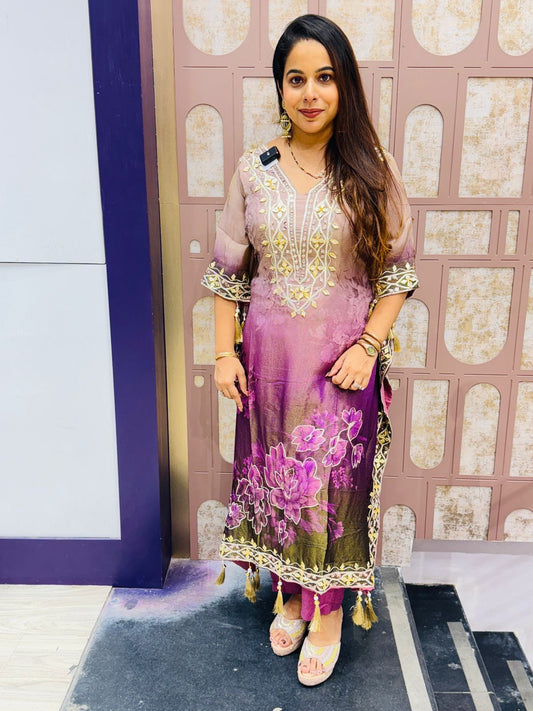 Purple Ombre Floral Kaftan Suit with Mirror & Thread Embroidery