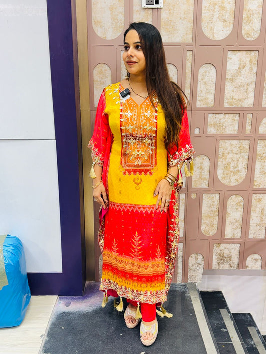 Yellow & Red Ombre Kaftan Suit with Mirror & Thread Embroidery