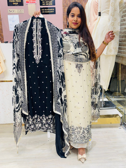Classic Monochrome Embroidered Unstitched Suit Set