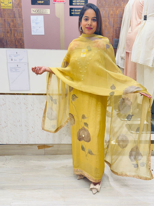 Elegant Mustard Yellow Unstitched Floral Suit Set