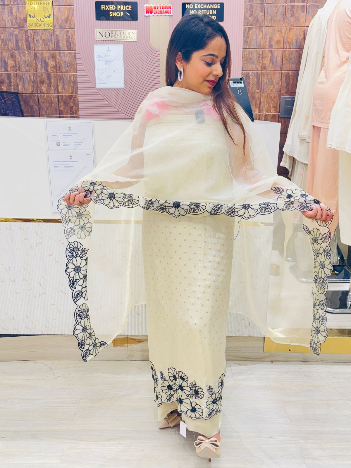 Classic Cream Unstitched Suit Set with Black Floral Embroidery
