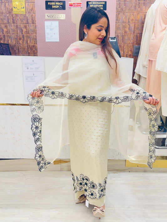 Classic Cream Unstitched Suit Set with Black Floral Embroidery