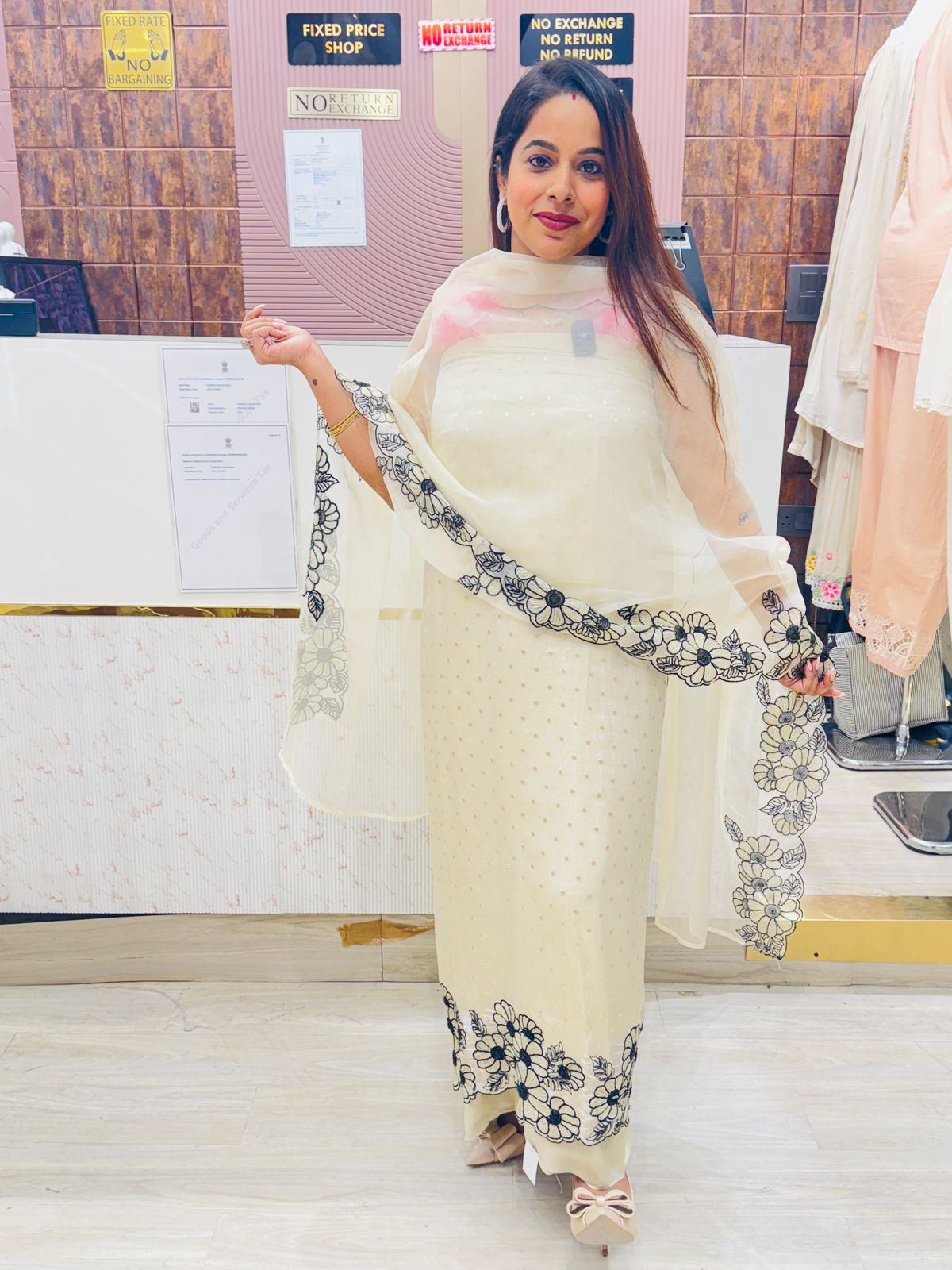 Classic Cream Unstitched Suit Set with Black Floral Embroidery