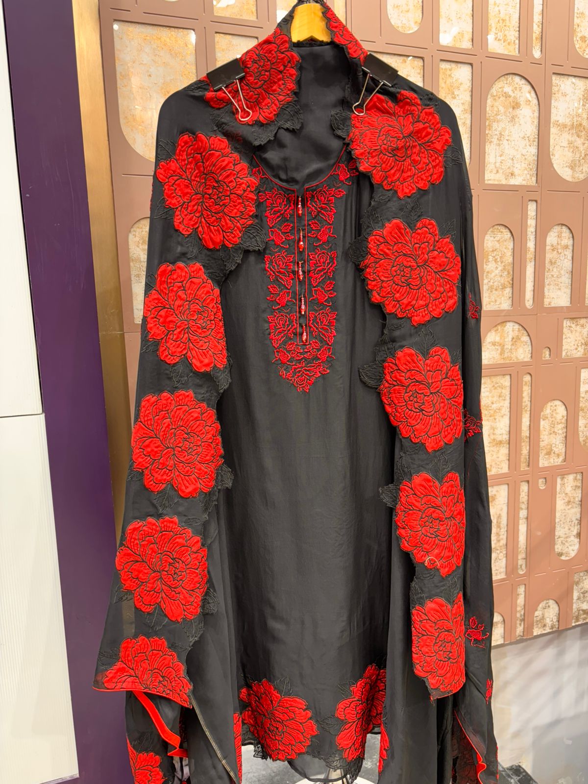 Unstitched Organza Suit Set with Bold Red Floral Embroidery